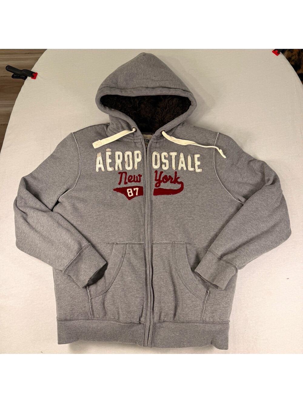 VTG Aeropostale Faux Fur Zip Hoodie Gray Heavy Jacket Y2K